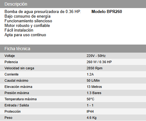 Bomba de agua presurizadora de 0.36 HP. DAIHATSU BPR260 - Vista 3