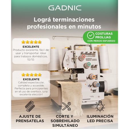 Máquina de Coser Overlock Gadnic Semi Industrial 4 y 3 Hilos Luz Led Pedal 1000 Ppm