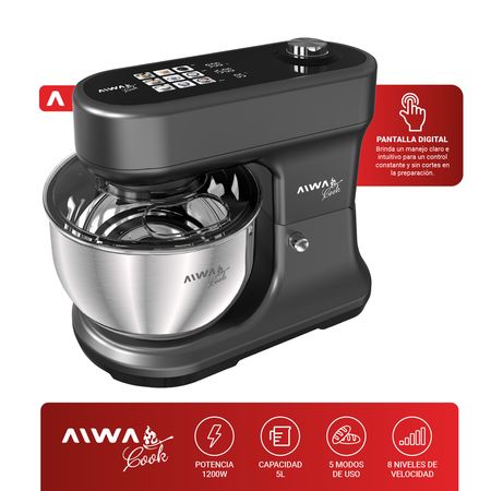 Batidora Planetaria Digital Aiwa 8 Velocidades Con Balanza Touch Amasa Mezcla Bate 5 Lts Accesorios 1200w Negro 50/60 Hz