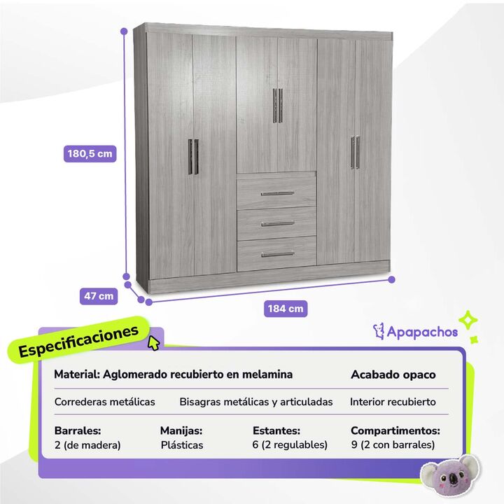 Placard Ropero de 6 Puertas 3 Cajones Reforzado Marfil Maximo Fortaleza - Vista 2