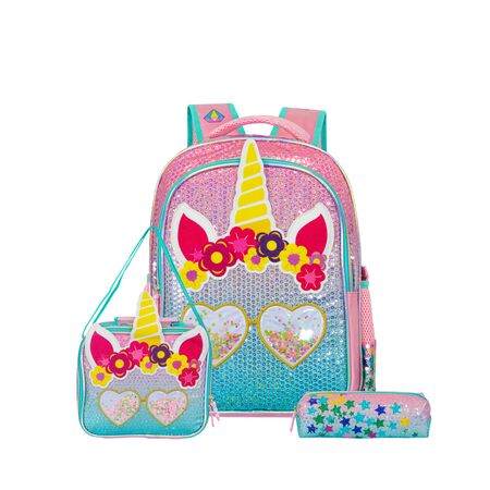 Mochila Escolar + Cartuchera + Lunchera Infantil Nena Diseño Kawaii Unicornio Lentejuelas Primaria