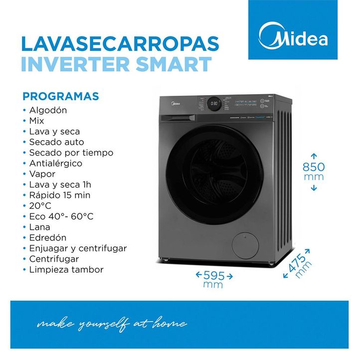 Lavasecarropas Automático Carga Frontal Inverter Midea 8Kg 6Kg 1400 RPM MF200D80WB/T - Vista 6