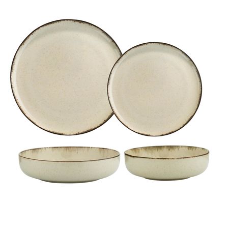Set X 16 Plato Playo Postre Bowl Porcelana Filo Envejecido Beige