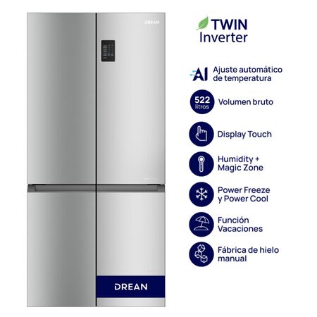 Heladera No Frost Acero Inox. T-Door 520 Litros Inverter Drean Dtp469lkrss0