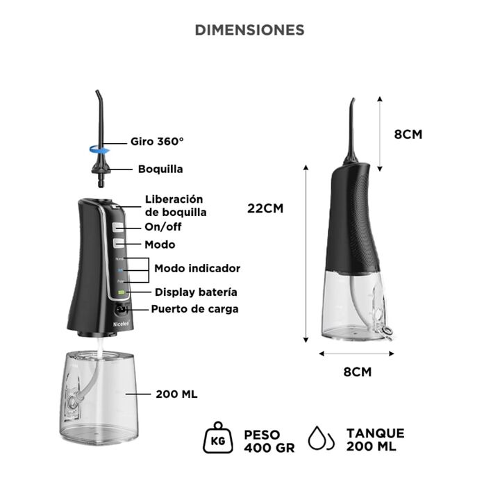 Irrigador Bucal Portátil Nicefeel FC256 200 ml IPX7 Batería 1400 mAh 3 Modos 2 Boquillas Rotación 360 Grados2 - Vista 6