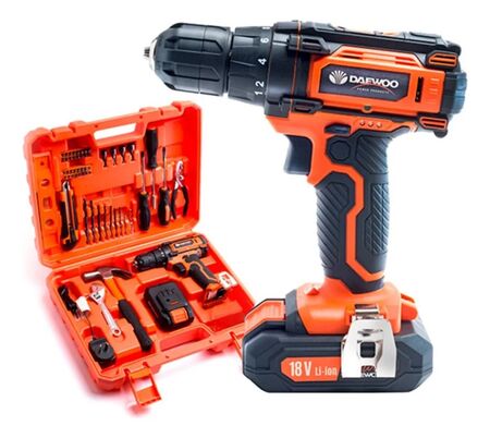 Taladro Atornillador Inalámbrico Daewoo DACD1800V2 18V Con Maletín 55 Accesorios