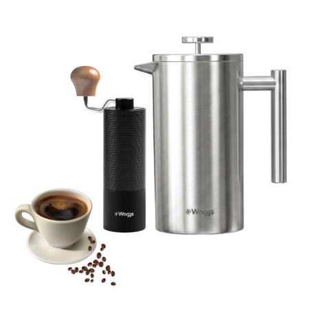 Set Cafetera Prensa Francesa 1 L Y Molinillo Regulable Waggs Plateado