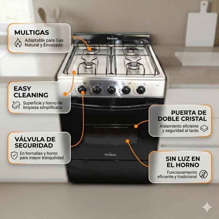 Cocina Multigas 56cm Florencia 5508 Con Visor Acero Inox - Vista 2