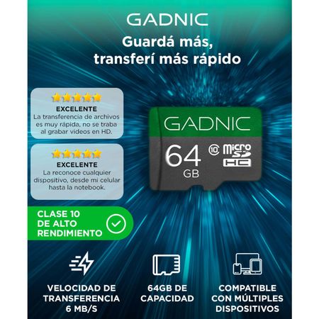 Memoria Micro SD Gadnic 64GB Clase 10 Adaptador Incluido