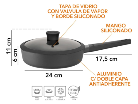 Sartén Profunda Antiadherente 24cm HUDSON con tapa de vidrio 