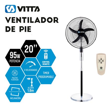 Ventilador De Pie 20 Pulgadas Vitta 3 Vel 95w Control Remoto 50 Cm 50 Cromado Negro Plástico 5