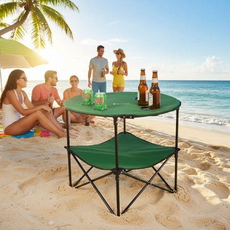 Mesa plegable de camping playa Bynox con posa vasos verde FI-MSPLBA-VE