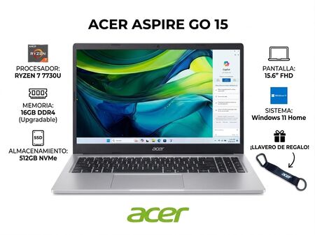 NOTEBOOK ACER ASPIRE GO 15 RYZEN 7 7730U/16GB/SSD 512 GB/15.6" WIN11 SILVER (+LLAVERO) - (L)