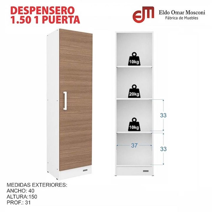 DESPENSERO ORGANIZADOR MUEBLE DE COCINA MOSCONI 1 PUERTA 56142 COLOR BLANCO - Vista 3