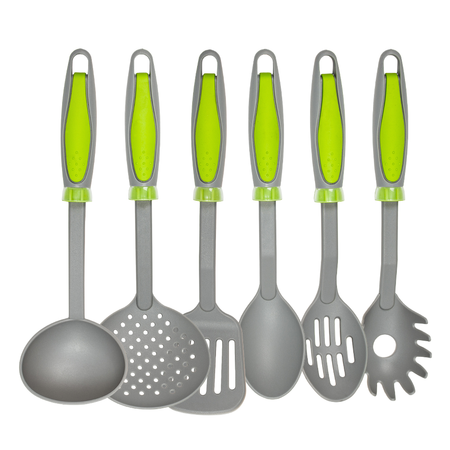 Set X6 Utensilios De Nylon Gris Mango Verde