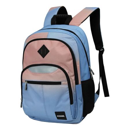 Mochila Kossok Mystic Escolar Porta Laptop Reforzada Azul/Coral Liso