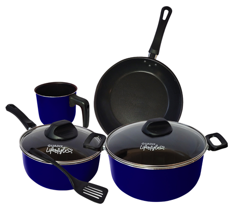 Bateria De Cocina 7 Piezas Azul Guadix Teflon Tapa Vidrio Azul