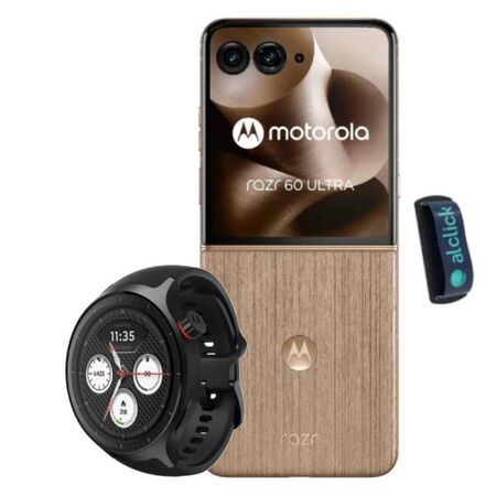 Combo Celular Motorola Razr 60 Ultra 1TB/16GB NFC Madera + Smartwatch Moto Watch 1.4 Pulgadas Negro