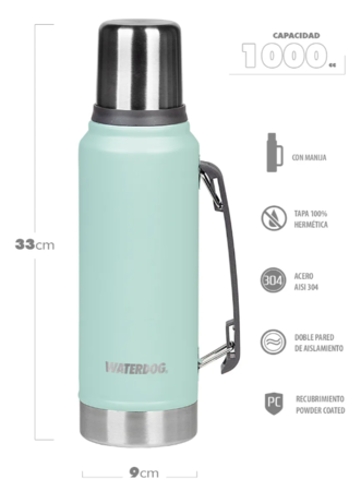 Termo acero inox  Waterdog con manija 1 litro VERDE PASTEL