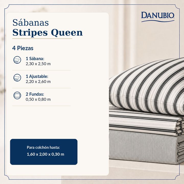 Juego de sábanas Danubio Stripes Queen 2 1/2 Plaza 144 Hilos - Vista 2