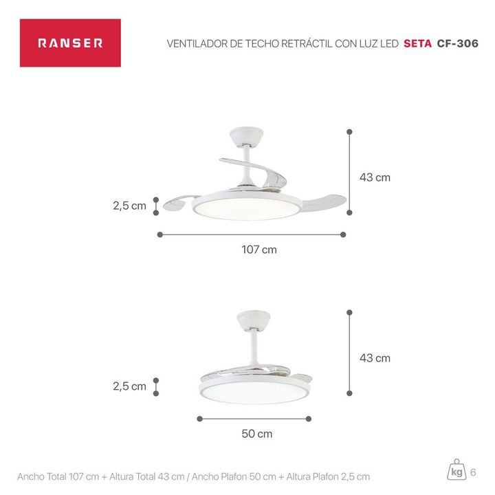 Ventilador de Techo Retractil RANSER ZETA CF-306 Luz Led Slim Blanco - Vista 5