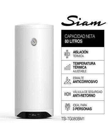 Termotanque Eléctrico Siam 80Lts Conexión De Agua Inferior Blanco TSI-TG080BM1