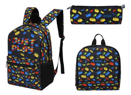 Mochila Escolar Kossok Musty + Lunchera + Cartuchera + Stick Gris Bloques
