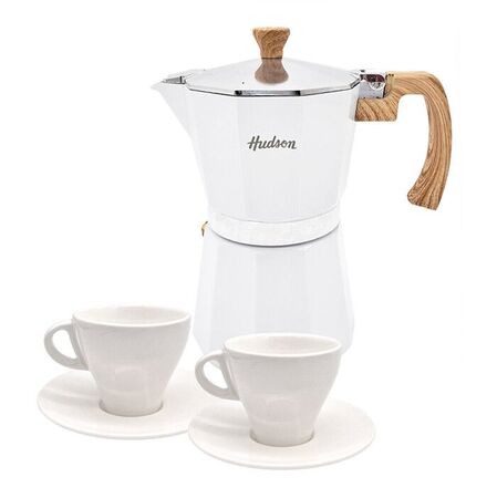 Set Cafetera Italiana + 2 Platos + 2 Pocillos Ceramica White