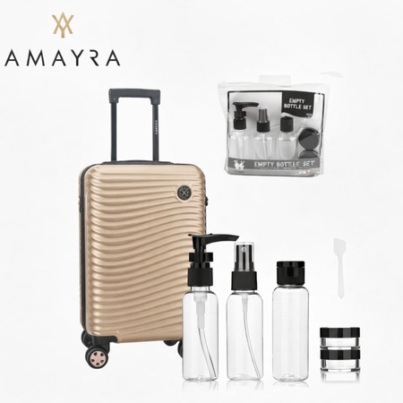 Valija carry on Amayra taupe candado con set X5 envases neceser