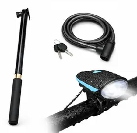 Combo bici: luz bicicleta con bocina + inflador bici + linga
