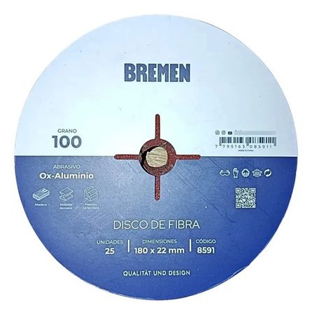 Disco de Fibra Bremen 7 Pulgadas Grano 100 Óxido Aluminio 25 Unidades