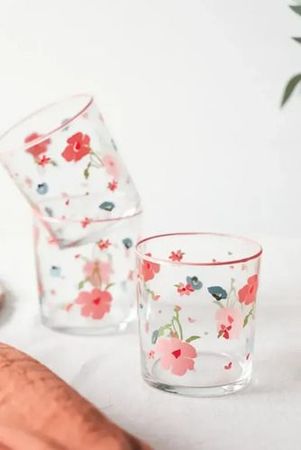 Set X6 Vaso Printemps  Borde Al Tono 380 Ml Miuri Turquia Diseño Floral Coral