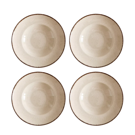 Set x 4 Plato Pasta Porcelana Hondo 27 cm Artesanal Filo Envejecido Ivory