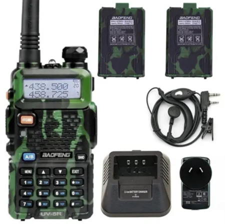Handy Baofeng UV-5R 8w Camuflado Bi-Banda Hasta 12km + 2 Baterías y Manos Libres