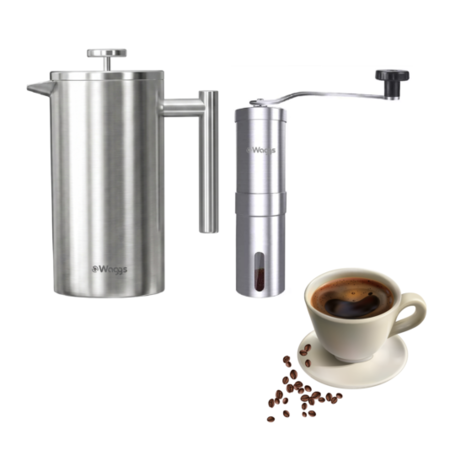 Set Cafetera Prensa Francesa 350mL Plateado Y Molinillo Manual Ainox