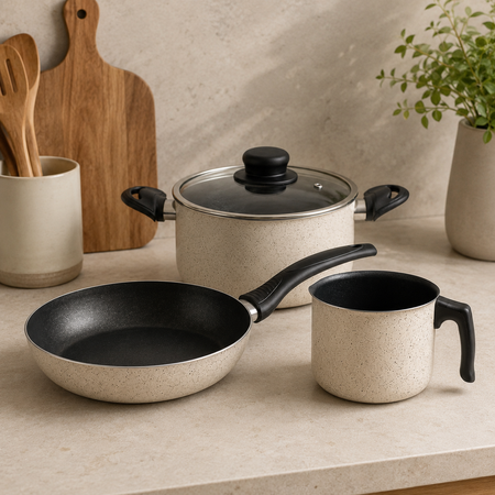 Batería Cocina 4 Piezas Olla Cacerola Sarten Jarro Antiadherente Aston Dots
