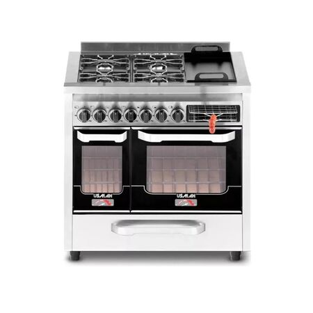 COCINA USMAN INDUSTRIAL 4448 DOBLE HORNO 4 HORNALLAS CARLITERO PLANCHETA 90 CM PUERTA VIDRIO
