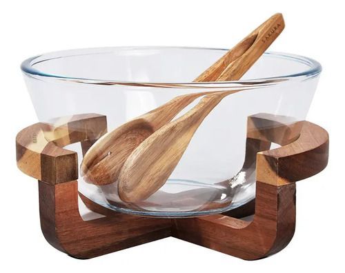 Set 3 Piezas Sakura Boreal Bowl Pinza Base Acacia Grande Transparente - Vista 1