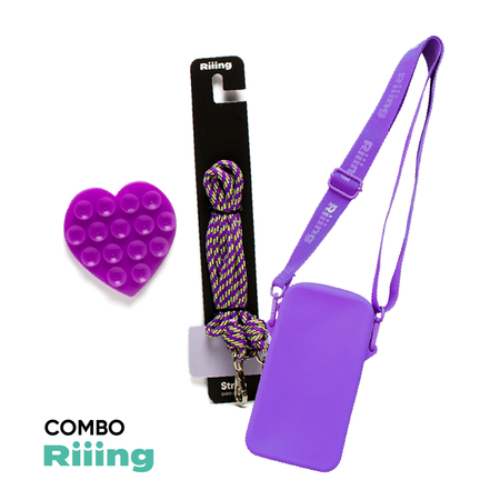 Combo Riiing: Ventosa + Colgante 1,5 mts + Minibag de silicona para celular con cierre