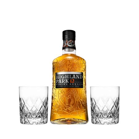 Set Whisky Highland Park 12 Yo y 2 Vasos Tallados Con Estuche