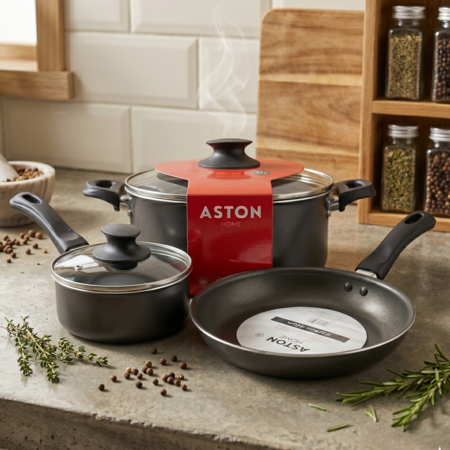 Batería Cocina Antiadherente 5 Piezas Olla Cacerola Sarten Tapa Aston