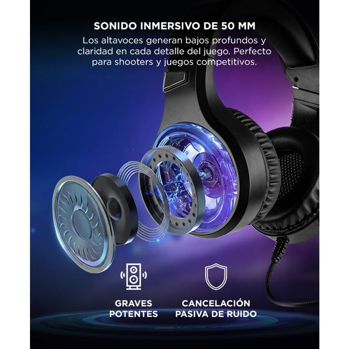 Auriculares Gamer Alpha A9000 Play Micrófono Luz RGB Cancelación Sonido - Vista 3
