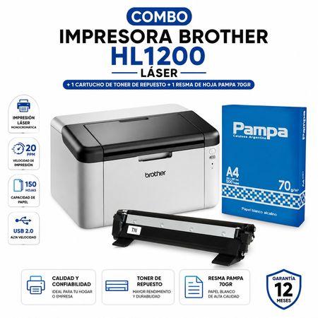 COMBO IMPRESORA BROTHER HL1200 LASER + 1 CARTUCHO DE TONER DE REPUESTO+ 1 RESMA DE HOJA PAMPA  70GR BLANCO 