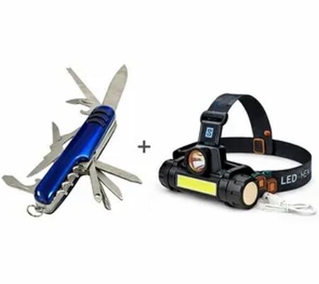 Cortaplumas multifuncion + Linterna vincha recargable doble luz usb