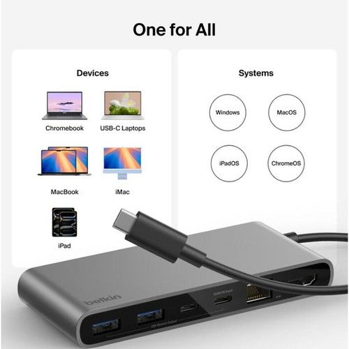 Belkin USB-C 8-in-1 Hub / 2 USB-A 10Gbps / USB-C 10Gbps / USB-C PD 3.0 100W 10Gbps/ HDMI 2.0 4K@60Hz / 2.5Gb Ethernet / SD 3.0 / microSD 3.0 - Vista 4
