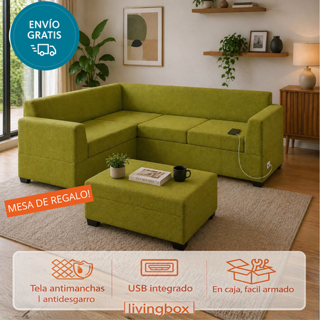 Sillon Esquinero en L 2+2 Living Box USB En Caja Lino Antimanchas. Mesa de regalo!