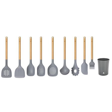 SET DE UTENSILIOS DE SILICONA Y MADERA X10 GRIS ATMA HOME UAH114GN