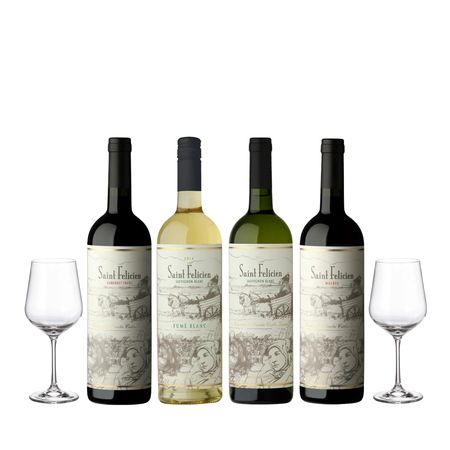 Set Vinos Combiandos Saint Felicien Seleccion x 4 y 2 Copas Con Estuche