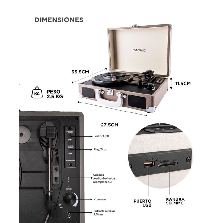 Tocadiscos Gadnic TD33 Bluetooth Portátil 3 Velocidades FM USB Aux-In RCA SD - Vista 6