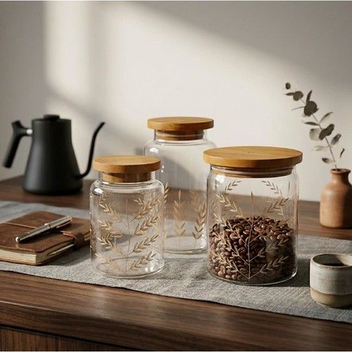 Set 3 Frascos Carol Vidrio Labrado c/ Tapa Madera - Vista 2